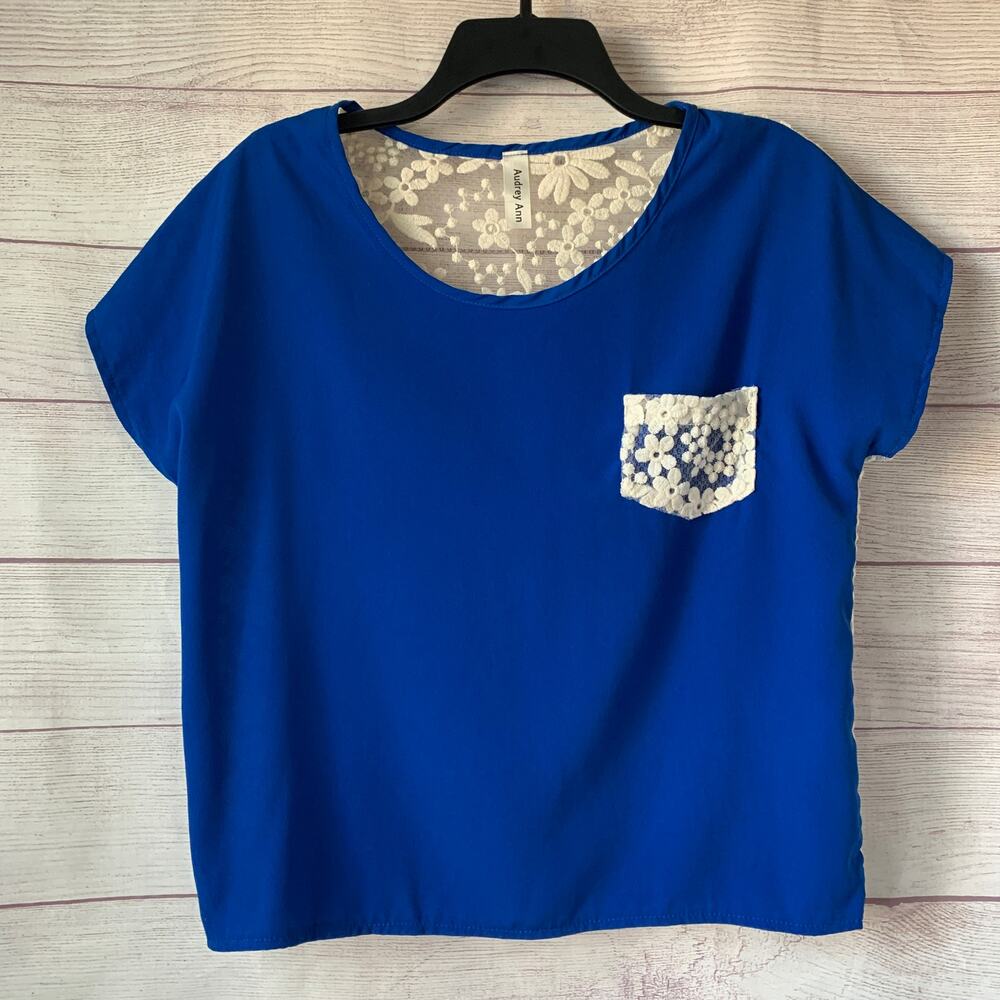 Audrey Ann Royal Blue Blouse Sheer Embroidered Back and Pocket Size Medium